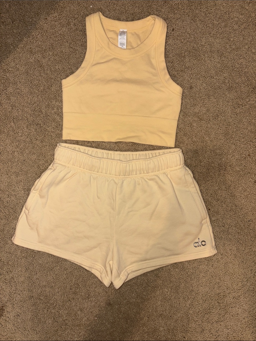 Alo Butter Yellow Tank Top (S) and Accolade Shorts (XS)